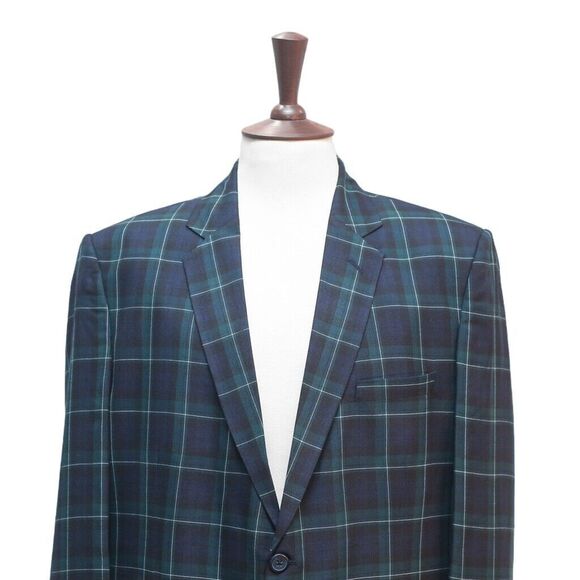Mens Blazer Tartan Plaid Blue Green 100% Wool Formal Party Jacket Sport Coat 46R - Picture 3 of 8